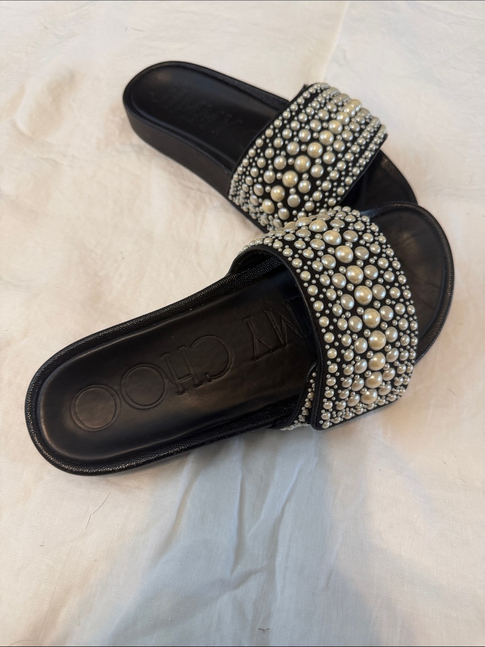 Jimmy Choo Black Slides with Pearl & Crystal Embellishment